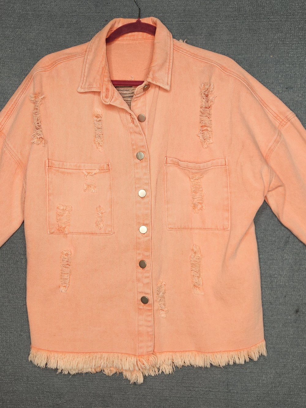 Peach Distressed Denim Jean Jacket with Fringe, No Tags Present